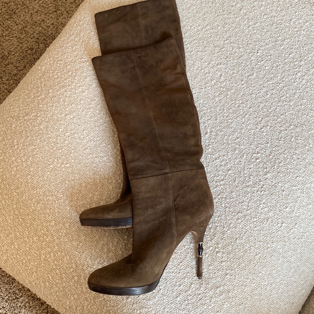 Brown Gucci suede heel boots